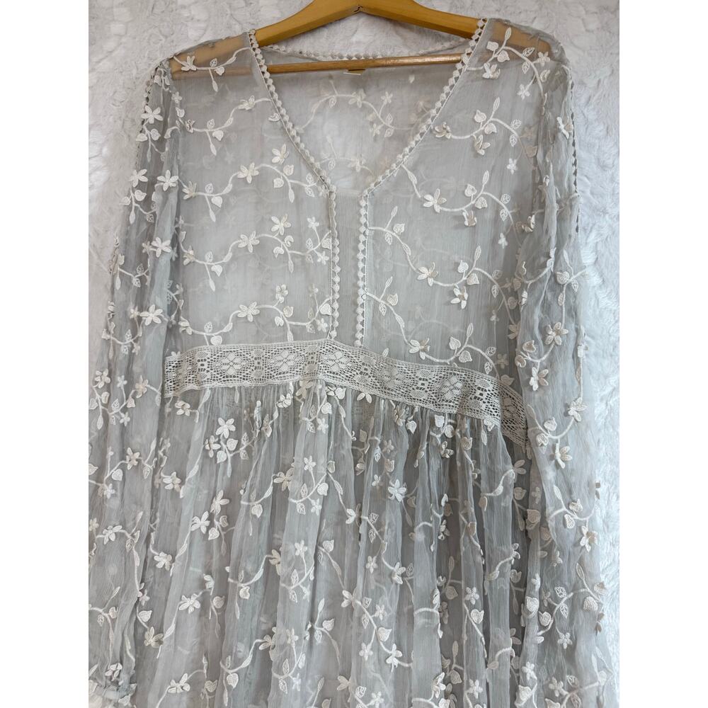 Sundance Platinum Gray Sheer Embroidered Floral Lace Peasant Dress Cottage 12 - Picture 9 of 15
